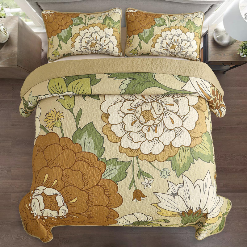Ensemble de courtepointe 3 pièces Floral Botanical Boho Farmhouse, Kaki, Courtepointe très grand et 2 très grandes taies 