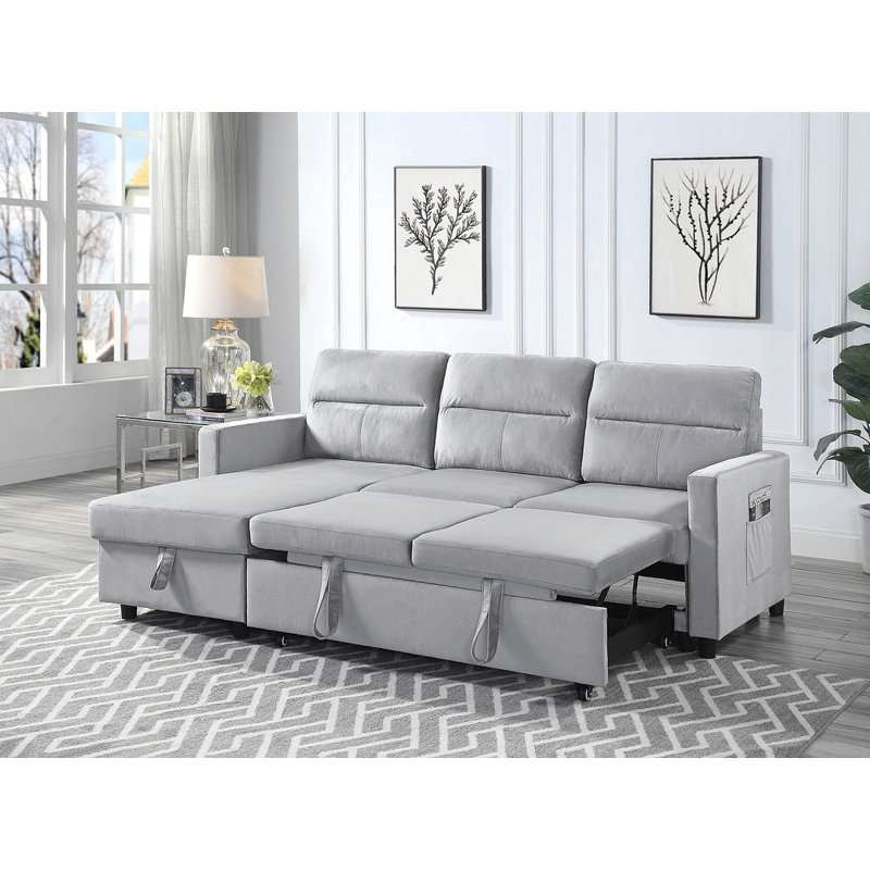 Ruby 81.5" Light Gray Velvet Reversible Sleeper Sectional Sofa With Storage Chaise And Side Pocket, Gray
