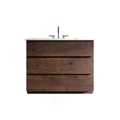 Meuble-lavabo 36 po en noyer avec lavabo 36 po avec 3 trous de robinet, grand meuble-lavabo autoportant pour salle de bain moderne, lavabo monobloc blanc sans drain et robinet, pré-assemblé