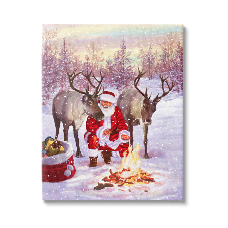 Père Noël et renne, scène de feu de joie sur toile, H 40 po x l 30 po x P 1,5 po
