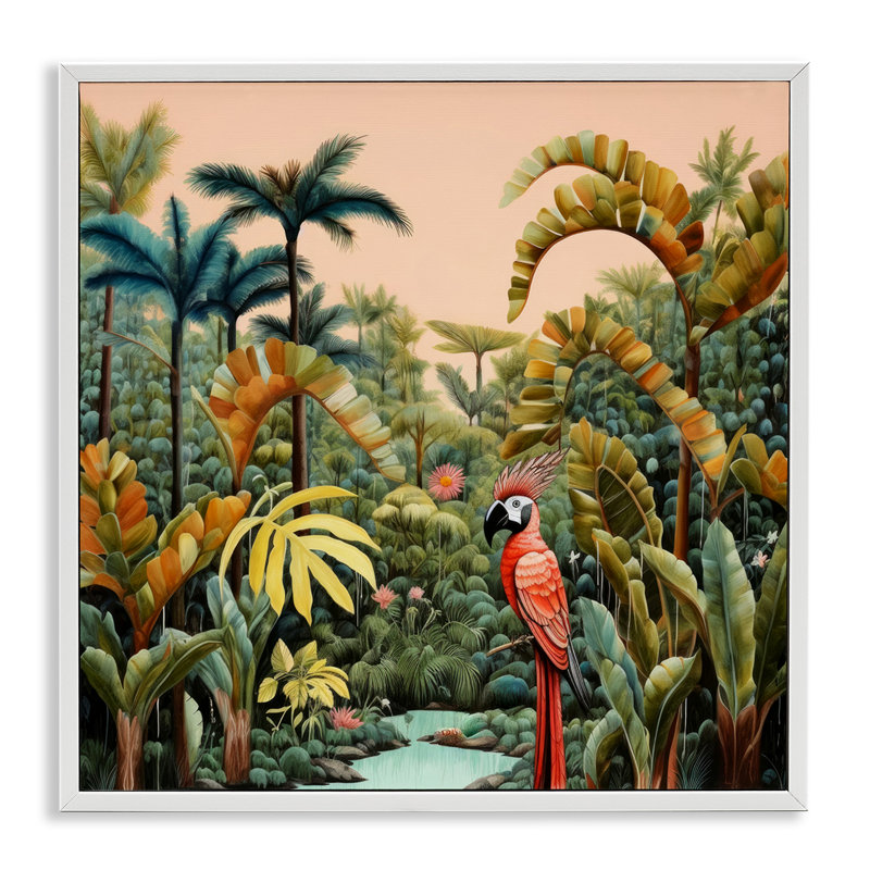 Bb-242 - «Parrot In Tropical Tropical» encadré sur bois par Lazar Studio Print, Giclée encadrée blanc bord de mer
