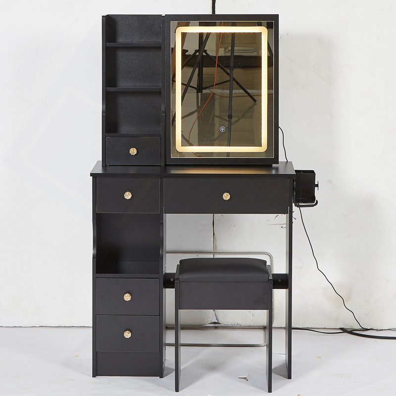 Vanity Desk, 29.2" Small Size Left Drawer Desktop Vanity Table , Cushioned Stool, 2 AC, 2 USB Power Station, Hair Dryer Bracket, Extra Large Touch Control Sliding LED Mirror, Tri-Color Switching, Brightness Adjust