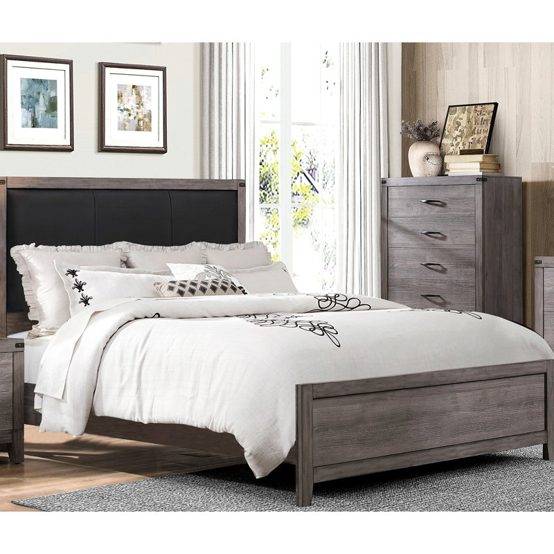 Lit double à panneau avec revêtement brun et gris et tête en similicuir gris brunâtre