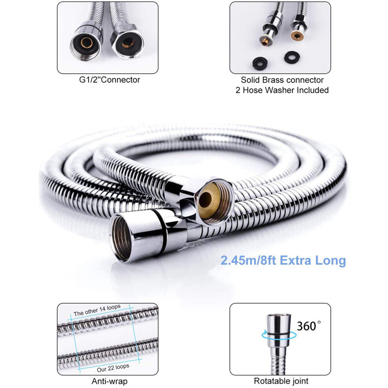 Extra Long 8-Foot Shower Hose – Stainless Steel With Brass Connectors, Chrome Finish, Universal Fit