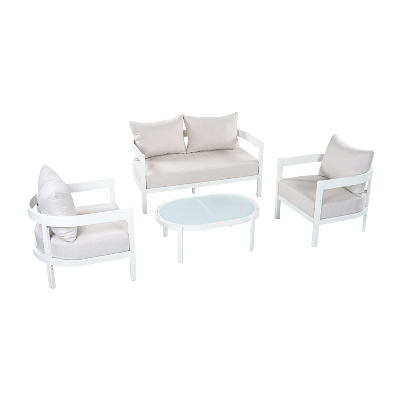 Contour Outdoor 4-Piece Aluminum Conversation Set With Tempered Glass Top & Cushions,  4 Pcs: Table, Loveseat, 2 Chairs