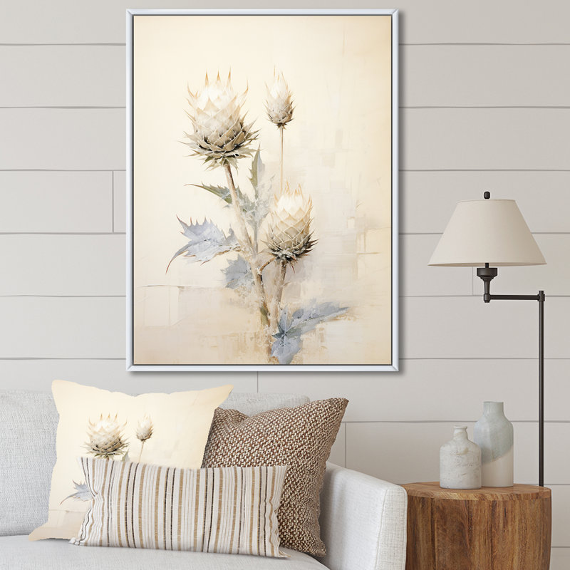 Fleur de chardon beige discret II - Thistle Wall Art Living Room, Cadre flottant blanc, H 20 po x l 12 po
