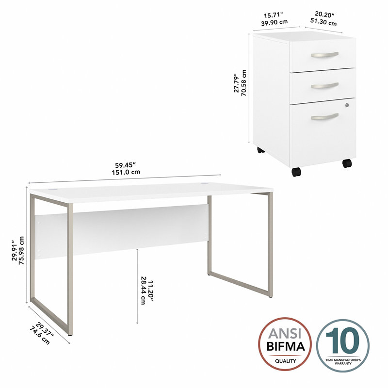 Bureau et piédestal mobile à 3 tiroirs, H 29,91 po x l 59,45 po x P 29,37 po, Blanc