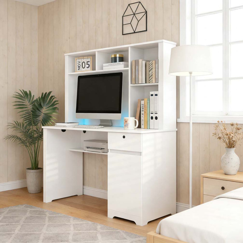 Bureau d'ordinateur avec huche et bibliothèque, bureau de direction en bois pour adolescents, Blanc