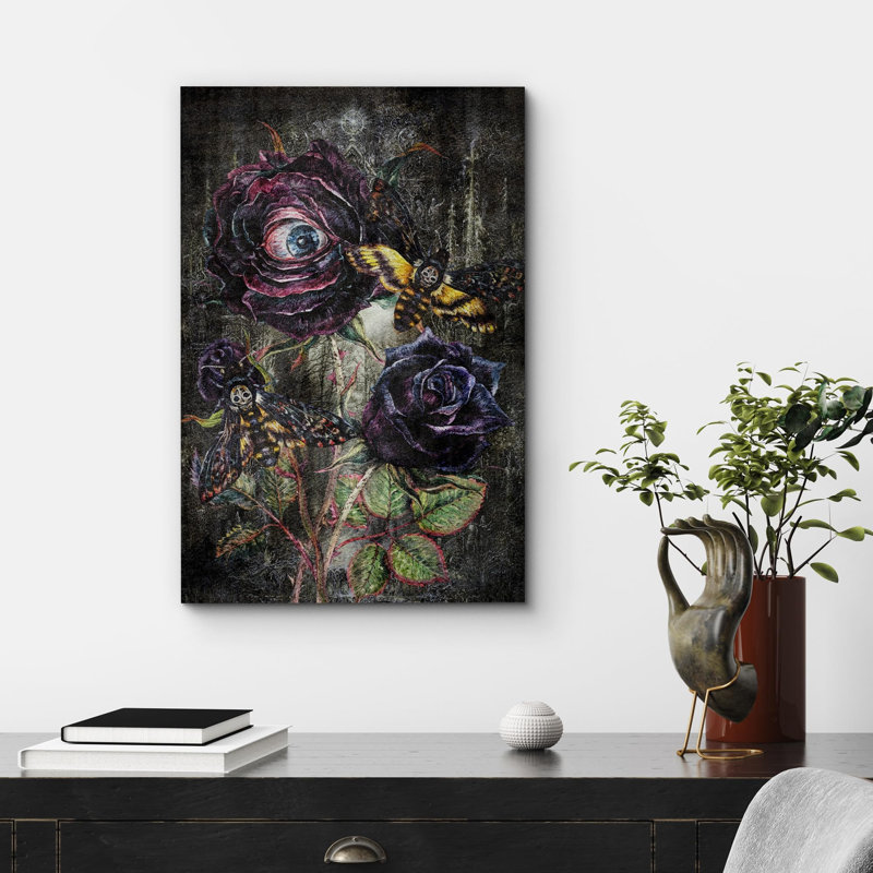 Art gothique, roses gothiques et papillons de nuit avec œillets, Toile tendue, H 18 po x l 12 po