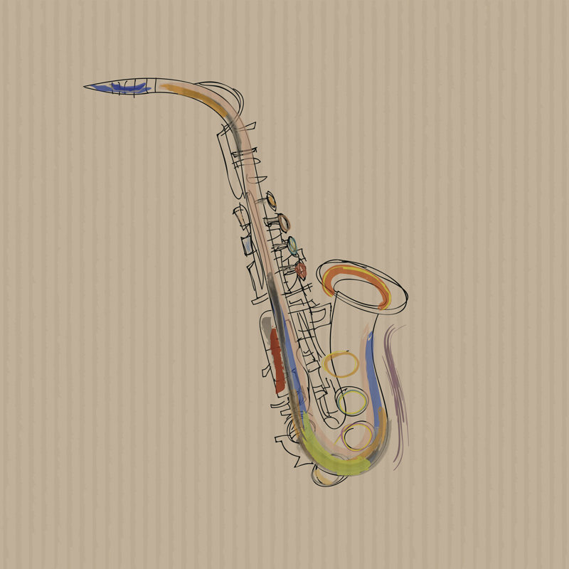 Hanney, croquis de saxophone sur carton - impression sur toile tendue, H 12 po x l 12 po