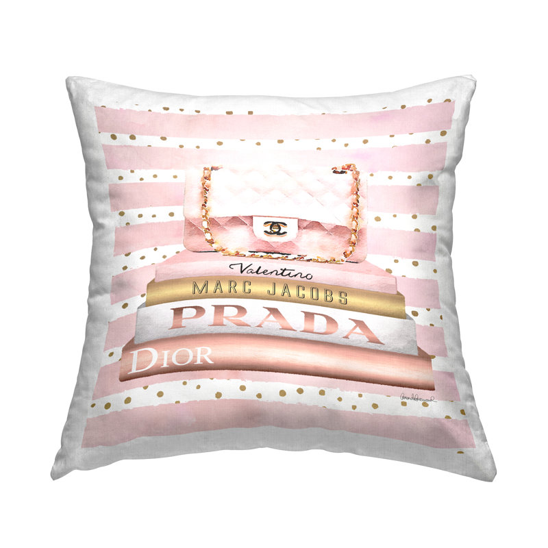 Pink Designer Bag On Fashion Bookstack Striped Pattern Decorative Printed Throw Pillow By Amanda Greenwood
