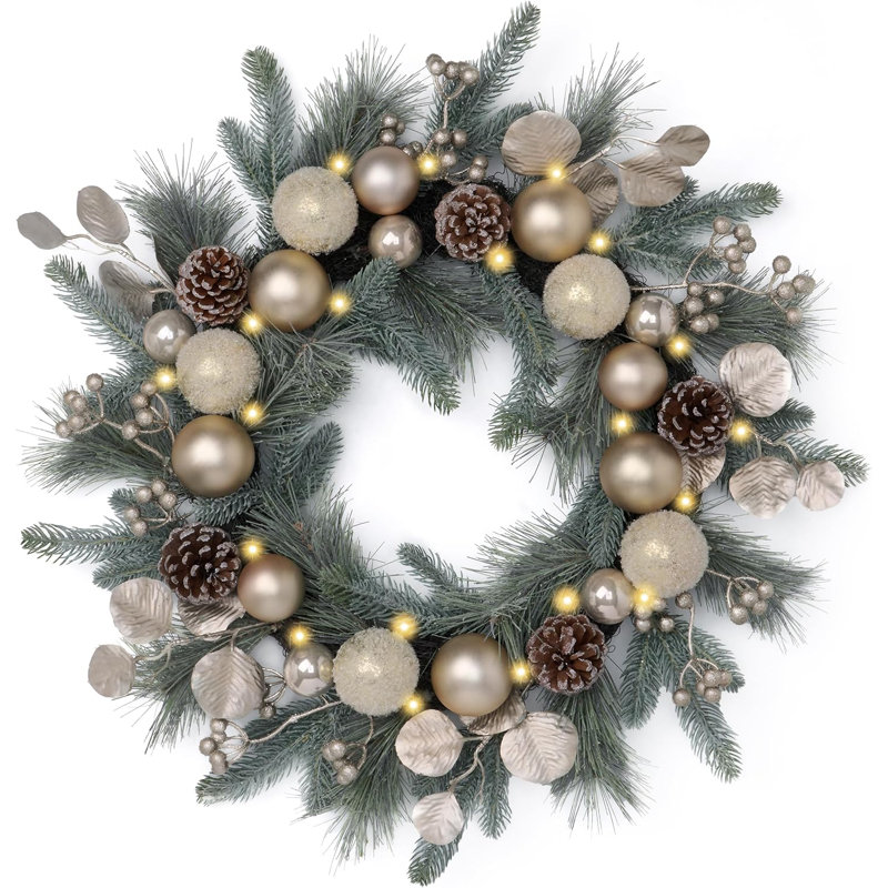  Couronne de Noël pré-éclairée de 20 pouces pour la porte d'entrée avec lumières, élégante couronne de la Saint-Valentin avec boules de Noël or champagne pour centre de table, décoration de fête de mariage