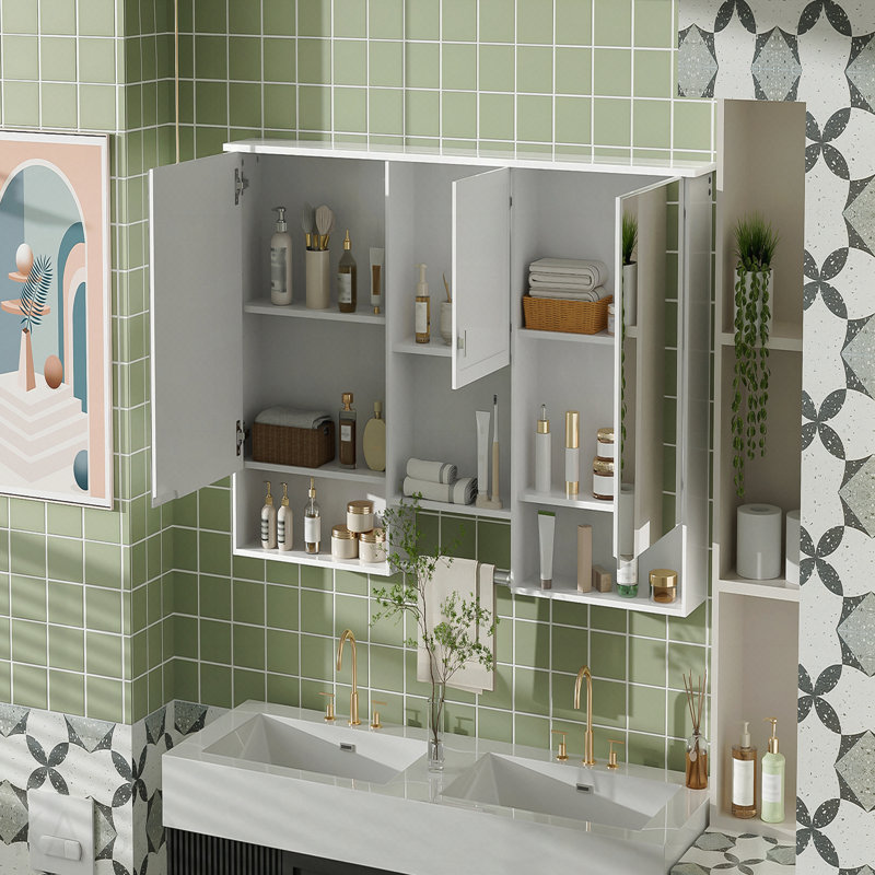 Armoire à miroir 55 po 3-en-1 à fixation murale 55 po avec tablette réglable, charnières à fermeture en douceur, panneau de fibres à densité moyenne de haute qualité, pour meuble-lavabo de salle de bain, salon, rangement de chambre à coucher