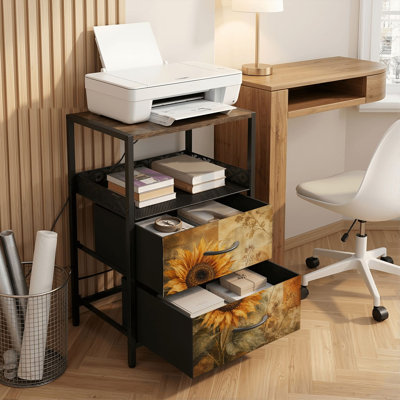 Table de chevet avec station de recharge, 2 tiroirs, ports USB et prises électriques, tablette ouverte, motif tournesol vintage, idéale pour la chambre ou le salon.