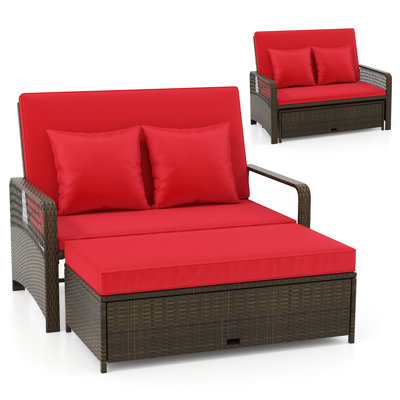 Patio Rattan Daybed Wicker Loveseat Sofa w/ Multifunctional Ottoman by Winston Porter