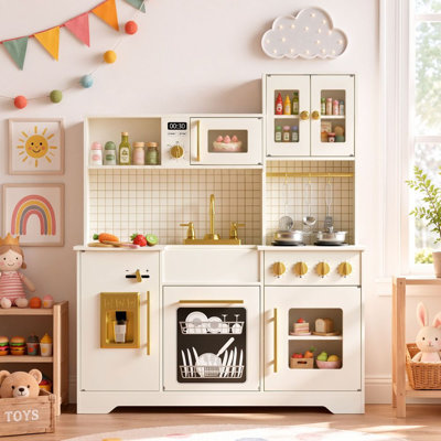 Cuisine en bois pour enfants avec machine à glaçons, cafetière et accessoires de cuisine