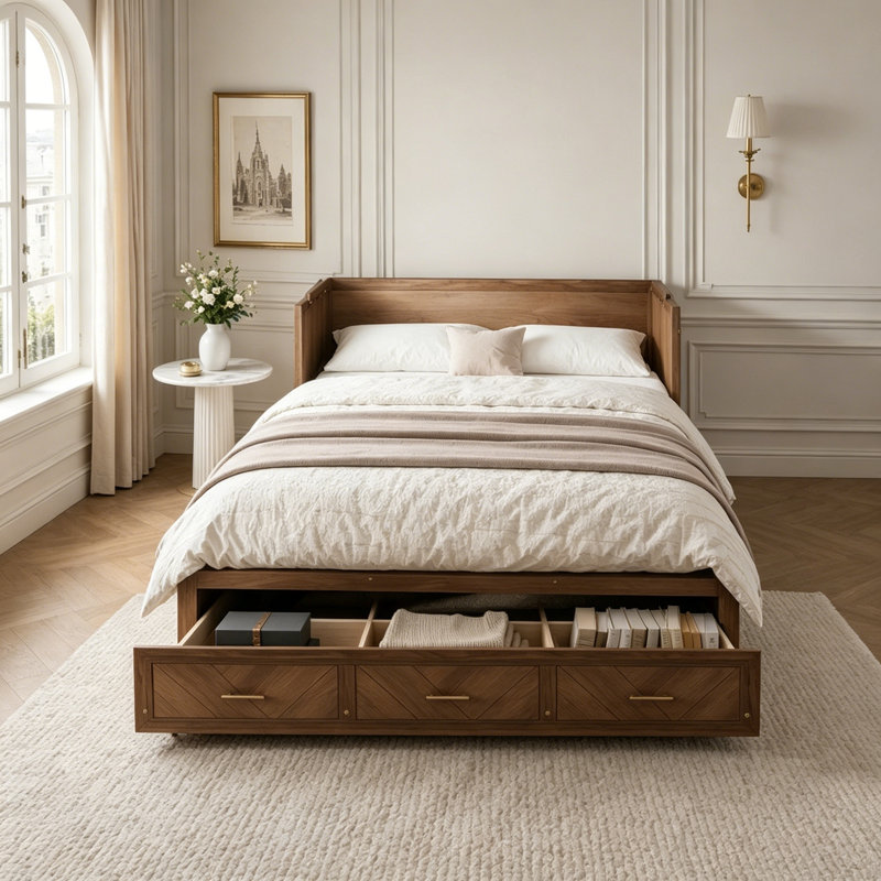 Lit escamotable, armoire en bois de pin avec station de charge USB intégrée et panneau de décoration géométrique