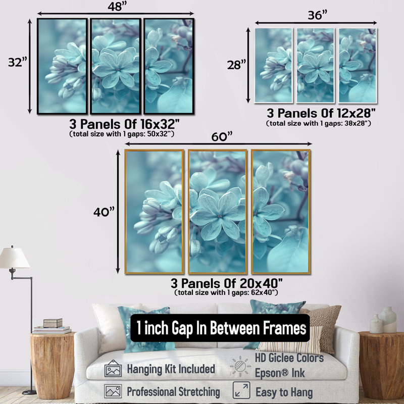 Ensemble de salon art mural lilas bleu et blanc, Toile encadrée flottée blanche, H 32 po x l 48 po x P 1 po