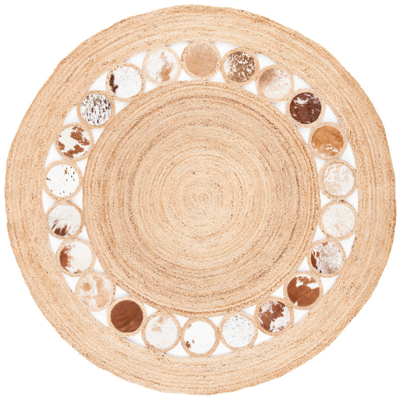 Conklin Natural Fiber Hand Woven Jute/Leather Geometric Rug in Beige/Brown, Round 6'