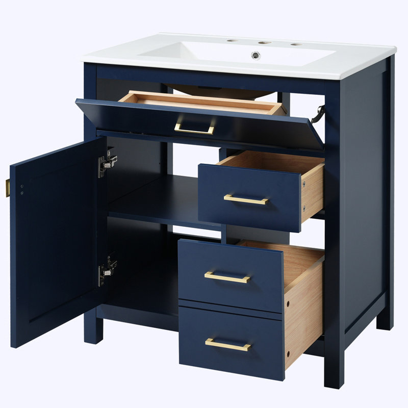 Bathroom Vanity with Ceramic Sink and Storage, Blue