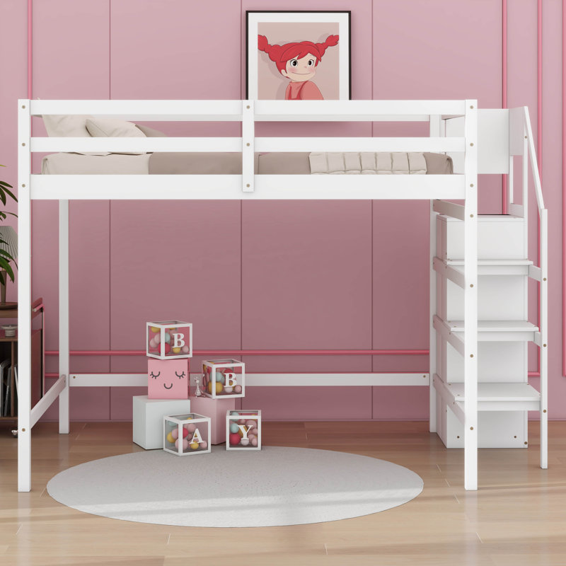  Lit mezzanine double avec armoire de rangement et escalier Karieliz, Blanc