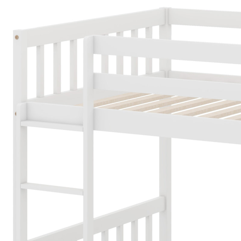 Floor Bunk Bed, Playhouse Floor Bunk Bed With Climbing Ramp, Ladder, Safety Guardrails, White