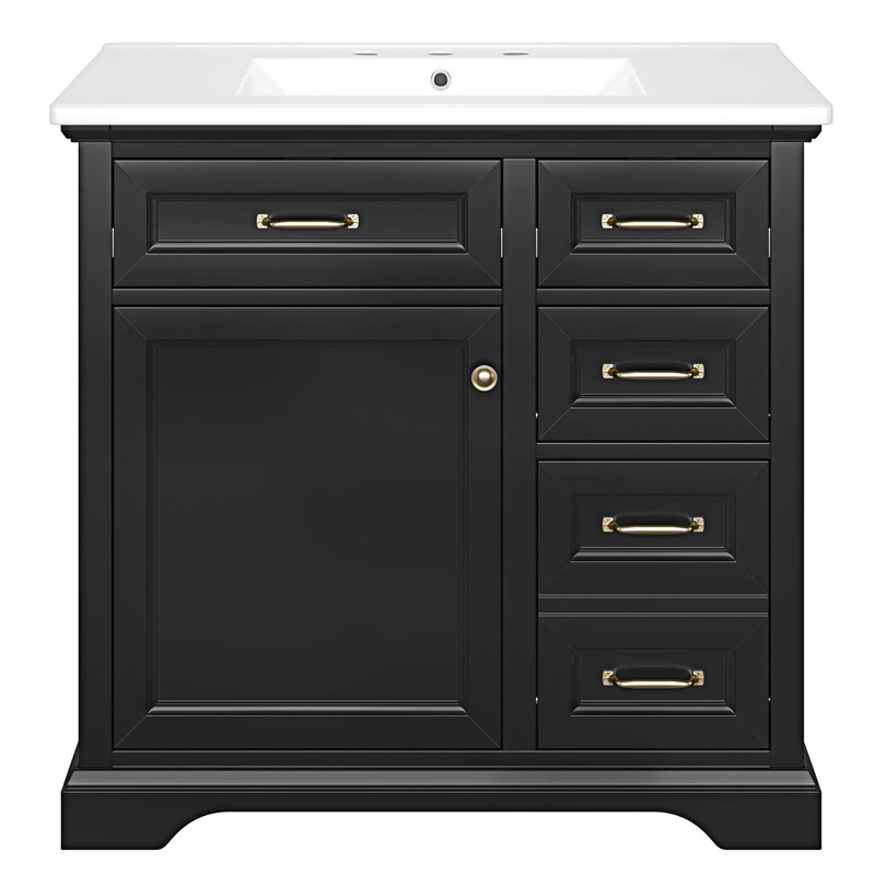Meuble-lavabo de salle de bain avec lavabo, Noir, Doré