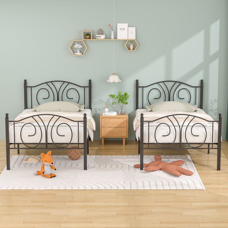 Set of 2 Twin Size Modern Black Metal Platform Bed with Headboard and Footboard, 12.6" Under Bed Storage, Black