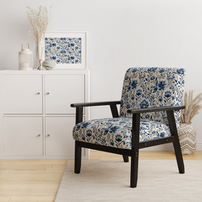Blue And White Damask Flower - Upholstered Farmhouse Arm Chair, Rustic Floral Accent Chair