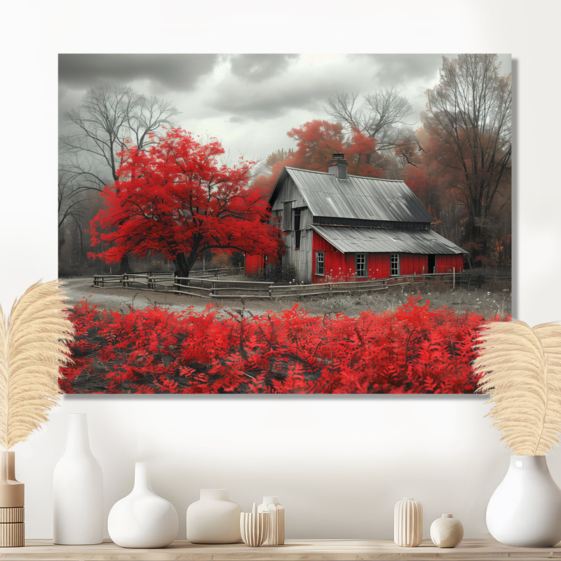 Rouge et gris Autumn Barn Refuge II - Art mural de grange, Toile tendue, H 24 po x l 32 po