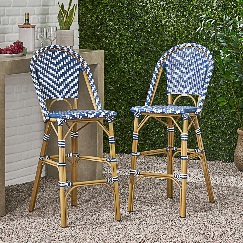 Set Of 2 Outdoor PE Rattan French Barstool, Navy Blue