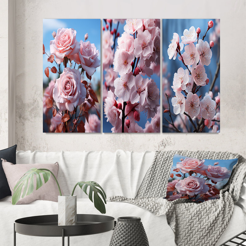 «Pink Flowers Pastel Elegance», ensemble de 3 pièces sur toile, Toile tendue, H 20 po x l 36 po
