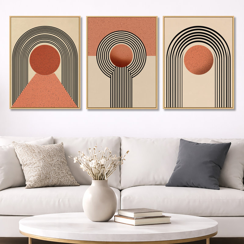 Vortex rétro orange et noir - décoration murale abstraite encadrée de style Mid-Century à 3 panneaux, H 32 po x l 72 po