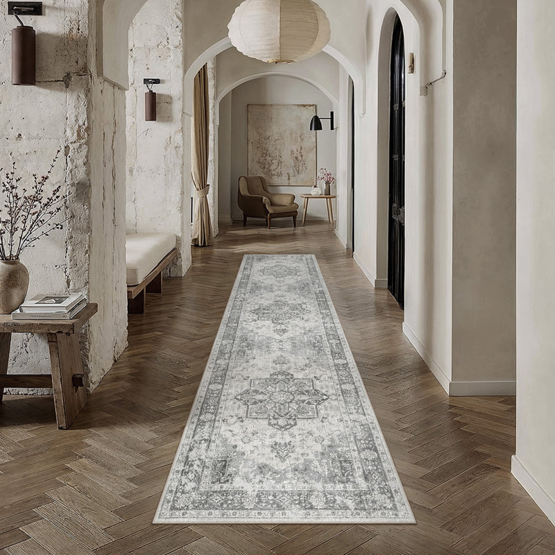 Tapis lavable rétro patiné avec envers antidérapant, Gris, Tapis de couloir 2 pi x 8 pi