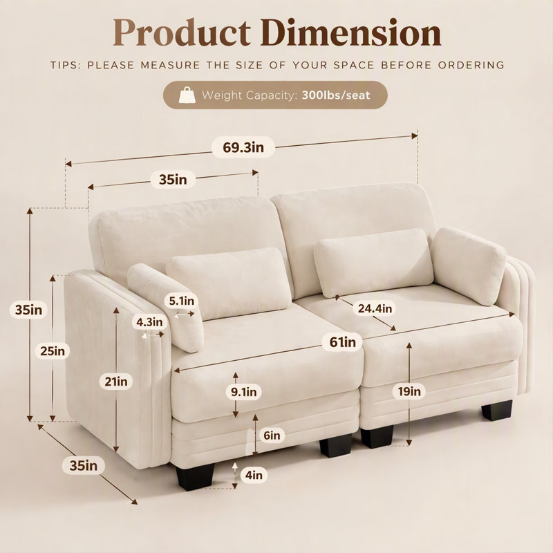 Canapé modulaire capitonné avec dossier réglable Channel, Chenille beige, 35" H x 69.3" W x 35" D