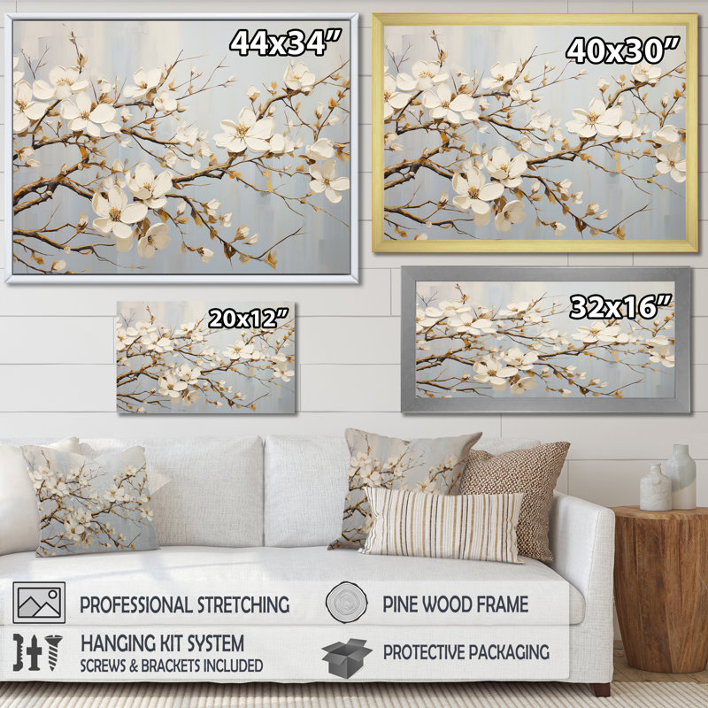 «White Dogwood Blossom Escape I» sur toile, Cadre d'angle fermé noir, H 12 po x l 20 po x P 1 po