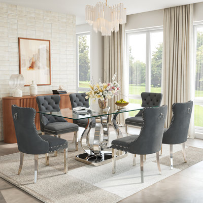 Modern 69" Rectangular Glass Dining Table With Polished Steel Base & Set Of Velvet Upholstered Dining Chairs