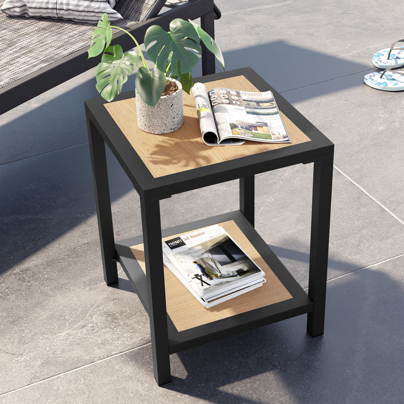 Double-Tier Patio End Table Outdoor Aluminum Side Table, Brown/Black