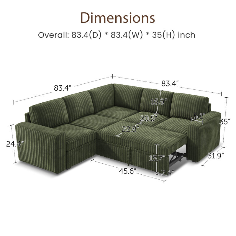 Hoelscher L-Shaped Sleeper Sectional Upholstered Sofa Bed With Storage Space Green, Green