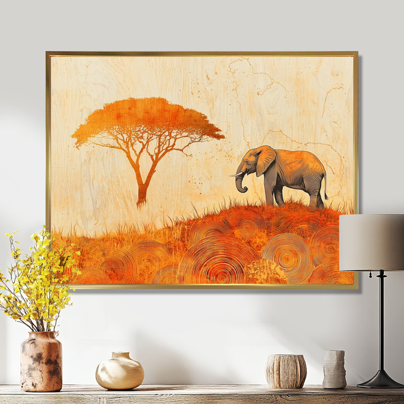 Guarani Elephant Spirit of The Savannah I - Art mural éléphant, H 12 po x l 20 po, Impression encadrée flottante, Or