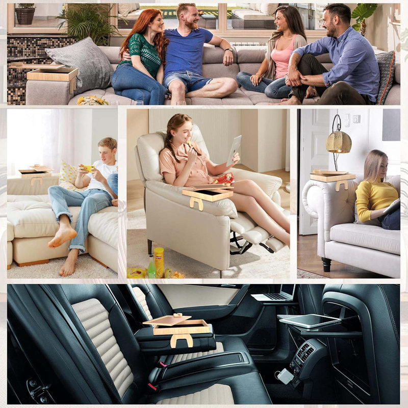Bamboo Couch Arm Table With 360° Rotating Phone Holder & Hidden Storage Box,Non-Slip Sofa Arm Tray Fits Narrow And Sectional Sofa,Adjustable Armrest Tray Table For Couch