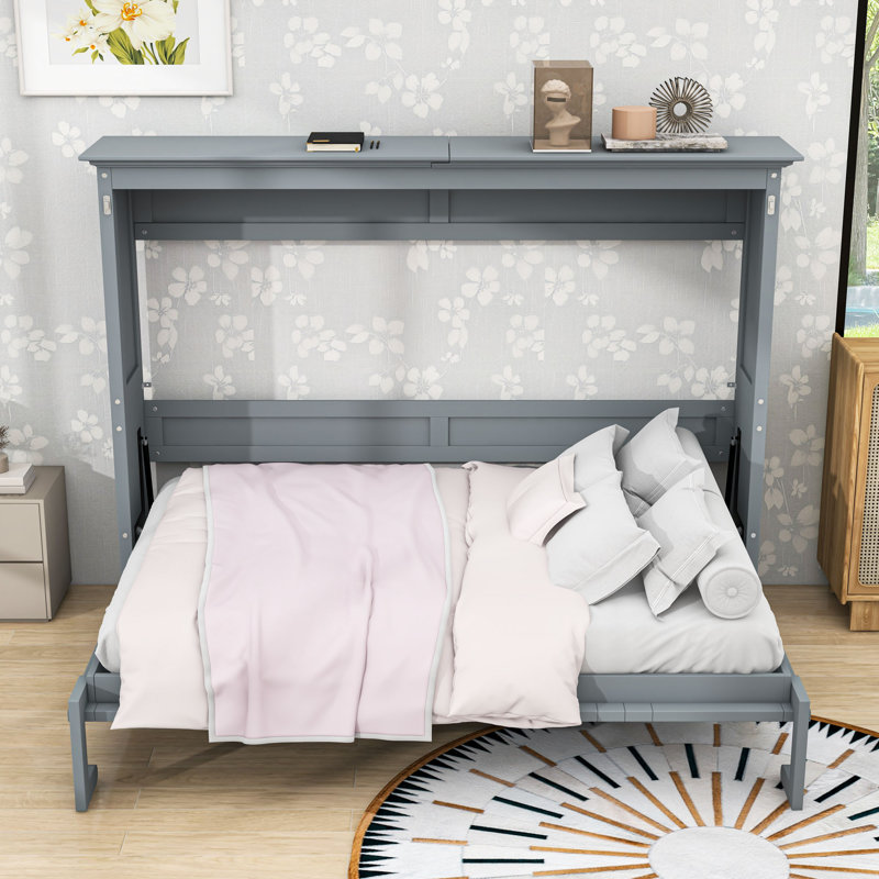 Lit escamotable double en bois avec lattes, Grey