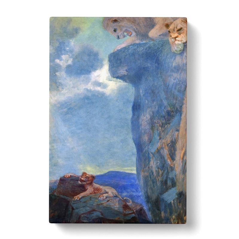 Lions Testing Their Cubs by Fujishima Takeji - Wrapped Canvas Painting, 50cm H x 35cm W x 3cm D