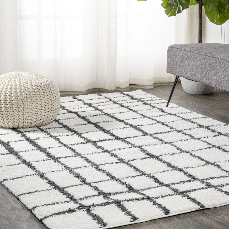 Arenal Geometric Grid Shag White/Gray Rug, Rectangle 7'9" x 10'