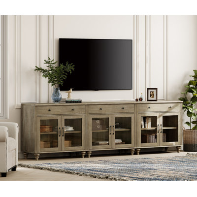 Meuble TV Corretta pour téléviseur de 100 pouces, console télé 3 en 1 compatible avec les téléviseurs de 75/80/85/90 pouces, centre multimédia avec 3 tiroirs et 6 portes, gris délavé