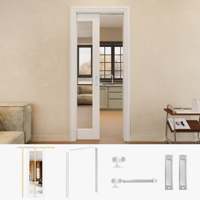 Porte coulissante avec miroir 32 po x 80 po à 1 porte coulissante avec quincaillerie argentée et cadre blanc