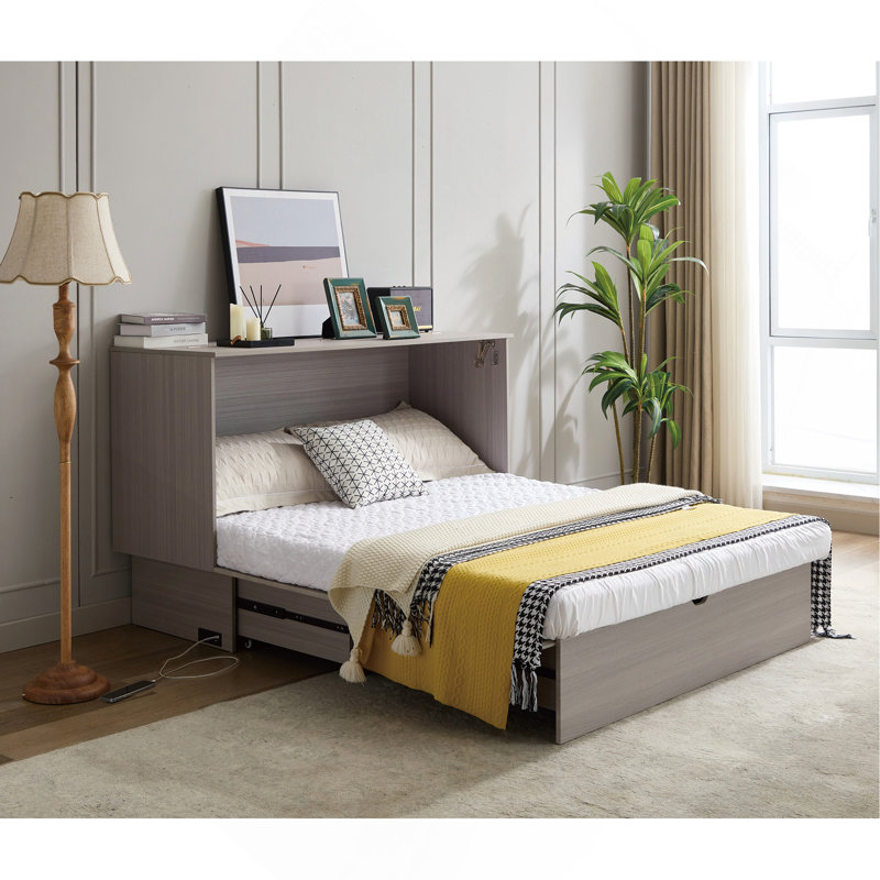 Armoire avec rangement, grand lit, matelas en mousse pliable et tiroirs surdimensionnés, lit escamotable, ensemble de prises et ports USB, lit escamotable pliant peu encombrant, gris