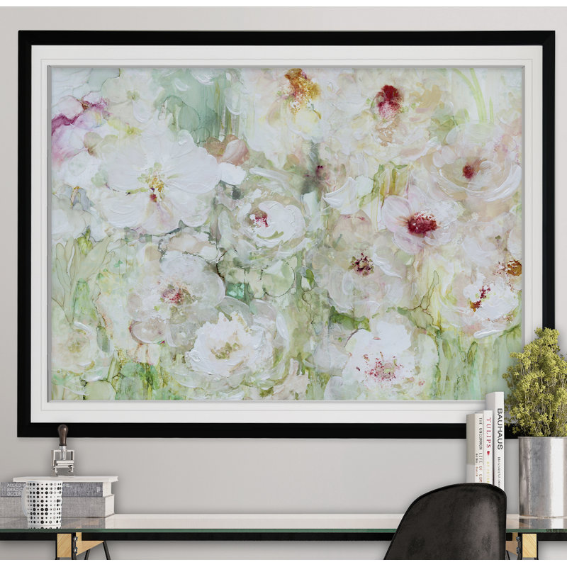 « jardin blanc », reproduction de peinture à l’acrylique encadrée, H 26 po x l 36 po x P 1,5 po, Noir