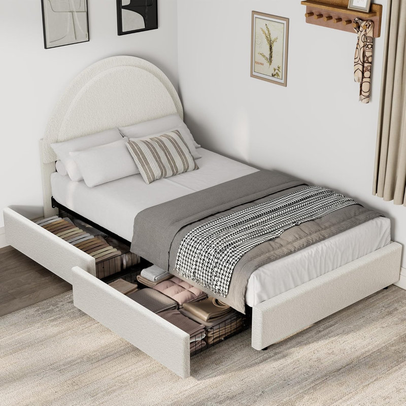 Base de lit tapissier avec 2 tiroirs de rangement Modern - Boucle Modern, Lit simple, Crème