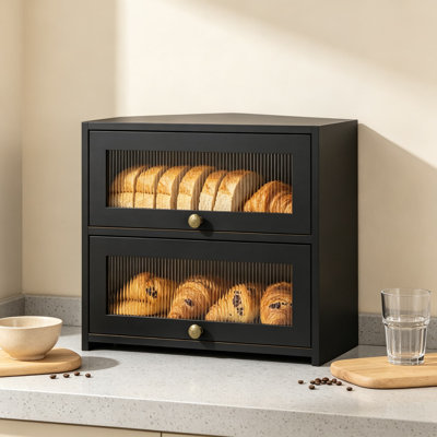 Boîte à pain d'angle pour comptoir, double compartiment grande capacité, style ferme vintage, avec fenêtre en acrylique et poignée en bronze, rangement gain de place à 2 niveaux pour placard
